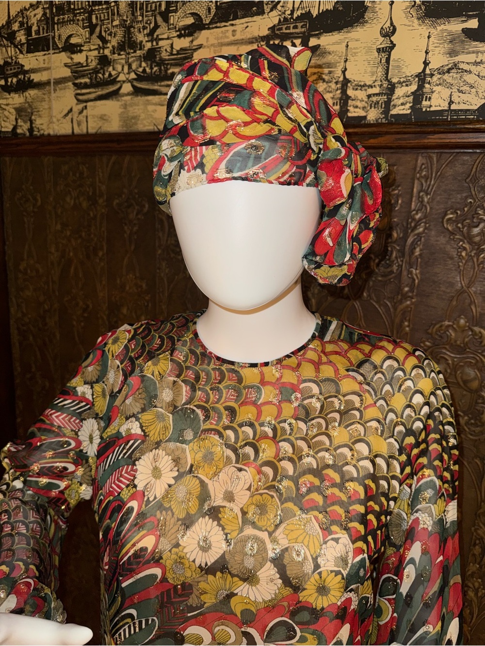 Vintage late 1960s to early 1970s peacock feather and floral print dress